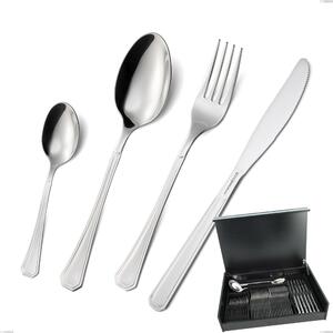 Loira 51-Piece Cutlery Set in Wooden Box, Mensa Economic Knife, Polished AISI 304 Stainless Steel, 2 mm Thickness, Classic Design