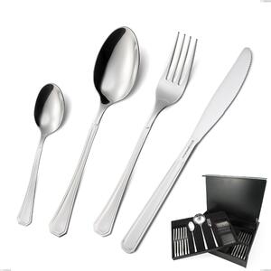 75 Piece Loira Cutlery Set in Wooden Box, Mensa Knife, Economy, Polished Aisi 304 Stainless Steel, 2 mm Thickness, Classic Design
