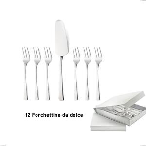 Lux 13-piece dessert cutlery set, including small forks and cake server, presented in a book-style case, AISI 304 polished stainless steel, 2.5 mm thickness