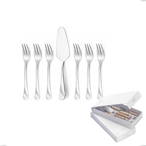 Milano Inciso 7-piece Dessert Cutlery Set, Small Forks and Cake Server in Book-style Box, Polished 18/10 (AISI304) Stainless Steel, 2.5 mm Thickness
