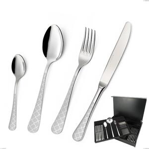 75-Piece Milano Damask Cutlery Set in Wooden Case, 18/10 (AISI304) Polished Stainless Steel with Damask Effect, 2.5 mm Thickness