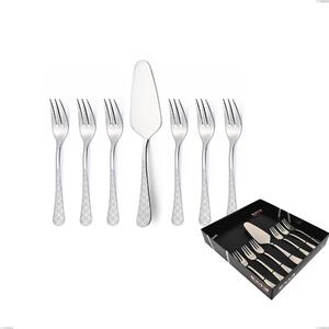 Milano Damask 7-piece dessert cutlery set, small forks and cake server in display box, 18/10 (AISI304) polished stainless steel with damask effect, 2.5 mm thickness