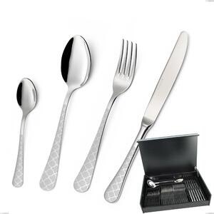 Milano Damask 51-piece cutlery set in wooden case, 18/10 (AISI304) polished stainless steel with damask effect, 2.5 mm thickness