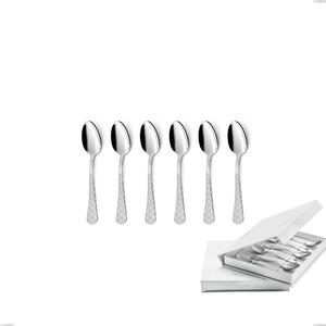 Set of 6 Milano Damask Moka Spoons in Book-Style Box, 18/10 (AISI304) Polished Stainless Steel with Damask Effect, Laser Design, 2.5mm Thickness