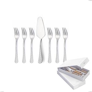 Milano Damask 7-piece dessert cutlery set, including small forks and cake server, presented in a book-style box, 18/10 (AISI304) polished stainless steel with damask effect, 2.5 mm thickness