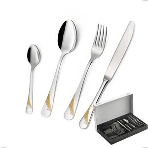 Milano Gold etched 30-Piece Cutlery Set in Panoramic Packaging, 18/10 (AISI304) Polished Stainless Steel and Gold Finish, 2.5 mm Thickness