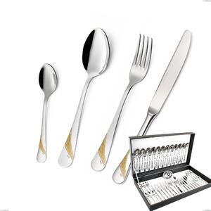 Milano Gold etched 51 Piece Cutlery Set in Canteen Box, 18/10 (AISI304) Polished Stainless Steel and Gold Finish, 2.5 mm Thickness