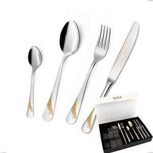 Milano Gold etched 24 Piece Cutlery Set in Panoramic Book-style Case, 18/10 (AISI304) Polished Stainless Steel and Gold Finish, 2.5 mm Thickness