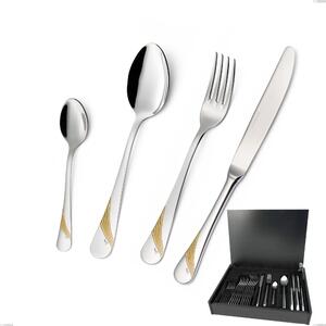 24-Piece Milano Gold etched Cutlery Set in Wooden Case, 18/10 (AISI304) Polished Stainless Steel and Gold Finish, 2.5 mm Thickness