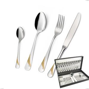 Milano Gold etched 49 Piece Cutlery Set in Canteen Box, 18/10 (AISI304) Polished Stainless Steel and Gold Finish, 2.5 mm Thickness