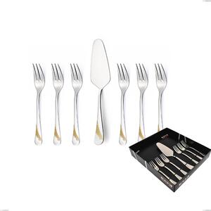 Milano Gold etched Dessert Cutlery Set, 7 Pieces Including Small Forks and Cake Server in Display Box, 18/10 (AISI304) Polished Stainless Steel and Gold Finish, 2.5 mm Thickness