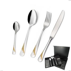 75-Piece Milano Gold etched Cutlery Set in Wooden Case, 18/10 (AISI304) Polished Stainless Steel and Gold Finish, 2.5 mm Thickness