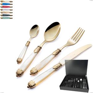 24-Piece Cutlery Set in Wooden Case Mirage Pearl Tin Gold, 18.10 Stainless Steel with Coloured Gold PVD Finish, Acrylic Handles