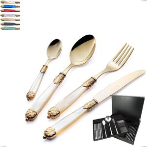 75-Piece Cutlery Set in Wooden Case Mirage Pearl Tin Gold, 18.10 Stainless Steel with Coloured Gold PVD Finish, Acrylic Handles