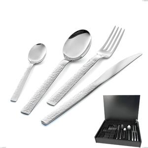 Marte 24 Piece Cutlery Set in Wooden Case, Stainless Steel 18/10 (AISI304), Hammered Finish Thickness 2.5 mm