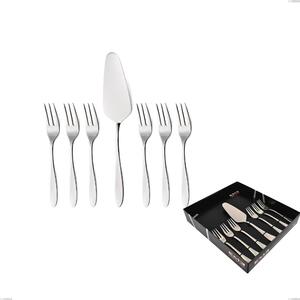 Set of 7 Dessert Cutlery, Small Forks and Cake Server Oasi in Showcase Packaging, Polished Stainless Steel AISI 304, 2 mm Thickness