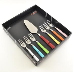 BRIO 7 Colour Dessert Forks 6 Pieces + Serving Server in Gift Packaging Cutlery Set 18/C Stainless Steel