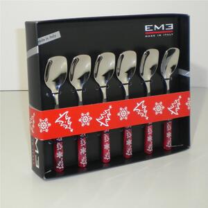 Red Pearl Christmas 6-Piece Ice Cream Spoon Set in Gift Box Brio Natale Cutlery 18/C Stainless Steel