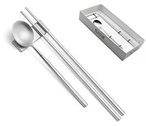 KYOTO SUSHI 18.10 forged stainless steel cutlery set accommodates 3 utensils with sandblasted stainless finish plus rest in showcase packaging