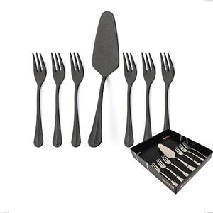 Set of 7 Dessert Cutlery, Small Forks and Dessert Server Royal Retr� PVD Black in Display Box, Antique 18/10 Stainless Steel, 2.5 mm Thickness, PVD Black Royal Retr� PVD Black
