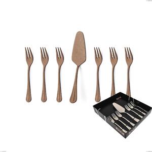 Set of 7 Royal Retr� PVD Chocolate Dessert Cutlery, Small Forks and Cake Server, Antique 18/10 Stainless Steel, 2.5 mm Thickness, PVD Chocolate, Display Box Packaging