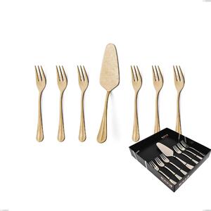 Set of 7 dessert cutlery, small forks and dessert Server Royal Retr� PVD Gold in showcase packaging, Antique 18/10 Stainless Steel, 2.5 mm thickness, gold PVD