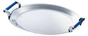Oval Tray with Handles 41 cm VULCANO ME Line in Polished Stainless Steel Chrome Handles with Blue Acrylic Insert