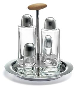Apollo Round Base Polished Stainless Steel Oil Cruet with Glass Bottles and Drip-Saving Cap, Wooden Handle