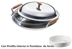 Round Risotto dish Rotonda with Apollo � 30 cm with Porcelain Casserole Dish, Polished Stainless Steel Finish, Wood Handle with Polished Finish