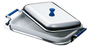 Vulcano Rectangular Casserole Dish with Lid in Glossy Porcelain Finish 47x30.5cm with Uniquely Shaped Satin Stainless Steel Handles
