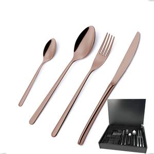 24-Piece Venice Copper Bronze Cutlery Set in Wooden Case, Stainless Steel 18-10 with Bronze PVD Treatment, 4 mm Thickness