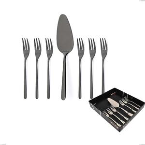 Set of 7 Venice Gun Metal Dessert Cutlery, Small Forks and Cake Server, Gunmetal PVD Coated 18-10 Stainless Steel, 4 mm Thickness in Showcase Packaging