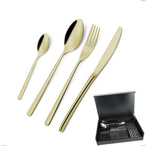 51-Piece Venice Tin Gold Cutlery Set in Wooden Case, 18-10 Stainless Steel with Gold PVD Treatment, 4mm Thickness