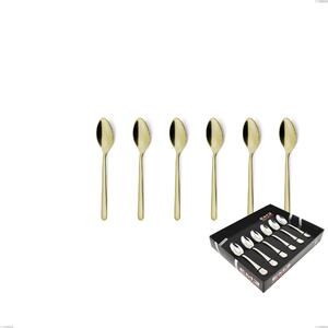 Set of 6 Venice Tin Gold Moka Spoons in Display Box, 18-10 Stainless Steel with Gold PVD Treatment, 4 mm Thickness