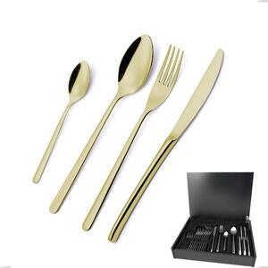 24-Piece Cutlery Set in Wooden Case Venice Tin Gold, Stainless Steel 18-10 with Gold PVD Coating, 4 mm Thickness