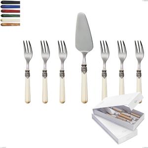 Versailles 7-piece dessert cutlery set, including small forks and a cake server, presented in a book-style box, Polished 18/10 AISI 304 stainless steel with acrylic handle