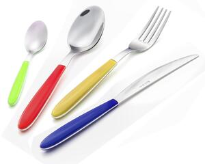 VERO Colourful Cutlery Set 24 Pieces with 6 Knives, 6 Forks, 6 Spoons, 6 Teaspoons (Mixed Colours 24 Pieces) - Green-Red-Yellow-Blue