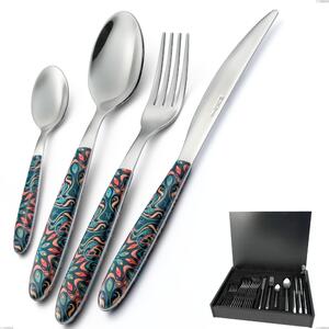24-Piece Cutlery Set in Wooden Case, True Damascus, Nickel-Free 18.0 Steel, PBT Handle with Polished Steel Sublimation - Vero Damasco