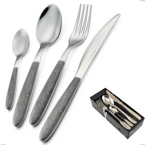 24-Piece Vero Olmo Grigio Cutlery Set in Space-Saving Packaging, 18.0 Nickel-Free Stainless Steel, PBT Sublimated Polished Steel Handle