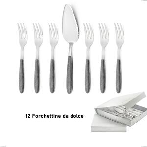 Set of 13 dessert cutlery, small forks and dessert spatula in true grey elm with book-style packaging, 18.0 nickel-free stainless steel, PBT handle with sublimated polished steel, named Vero Olmo Grigio