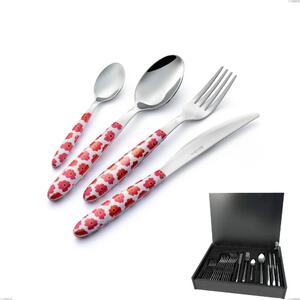 24-Piece Vero Poppy Cutlery Set in Wooden Case, 18.0 Nickel-Free Steel, Sublimated PBT Handle with Polished Steel