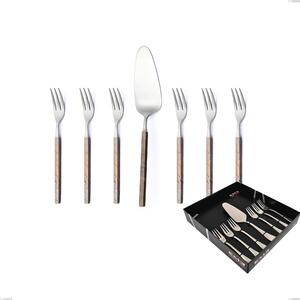 Set of 7 Zeus Fire Dessert Cutlery, Small Forks and Cake Server in Showcase Packaging, Forged Stainless Steel 18/10 (AISI 304)