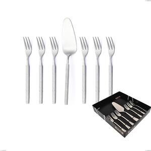 Set of 7 Dessert Cutlery, Small Forks plus Dessert Palette Zeus ICE in Showcase Packaging, Sandblasted Hammered Forged 18/10 Steel, 4 mm Thickness, Forged