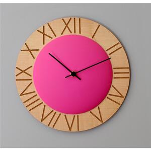 Ettore Round Wall Clock 26 cm in Beech with Coloured MDF Cap, Roman Numerals, Fuchsia Dial Colour