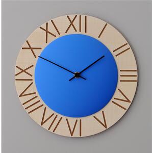 Ettore Round Wall Clock 26 cm Diameter, Beech with Coloured MDF Cap, Roman Numerals, Blue Dial