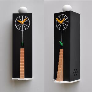 Wall or Freestanding Cuckoo Clock QQ Ziggurat 10.5x12xh38 cm, Lacquered MDF Case, Hand-Carved Black Wooden Bird