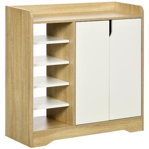 HOMCOM Shoe Cabinet with Double Doors & Open Shelving, 13 Pair Footwear Organiser for Hallways, Natural & White