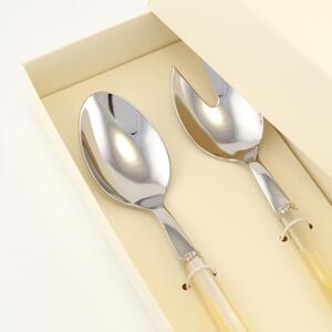 Two Piece Pearl Salad Set Comprising Salad Spoon and Serving Spoon 238 mm, with Acrylic Handle Featuring Double Turned Ring, in a Box with Serigraphed Name Bomboniere Eme