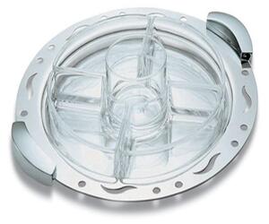 Round appetizer dish 35 cm Diameter with 5 Compartments in Polished Steel and Chromed Handles from the TRAFORATI Line