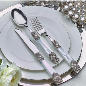 QUEEN Antique Silver 24-Piece Cutlery Set - 6 Table Settings with Pearl Effect Methacrylate Handle and Silver American Metal Ring, 2.5 mm Thickness